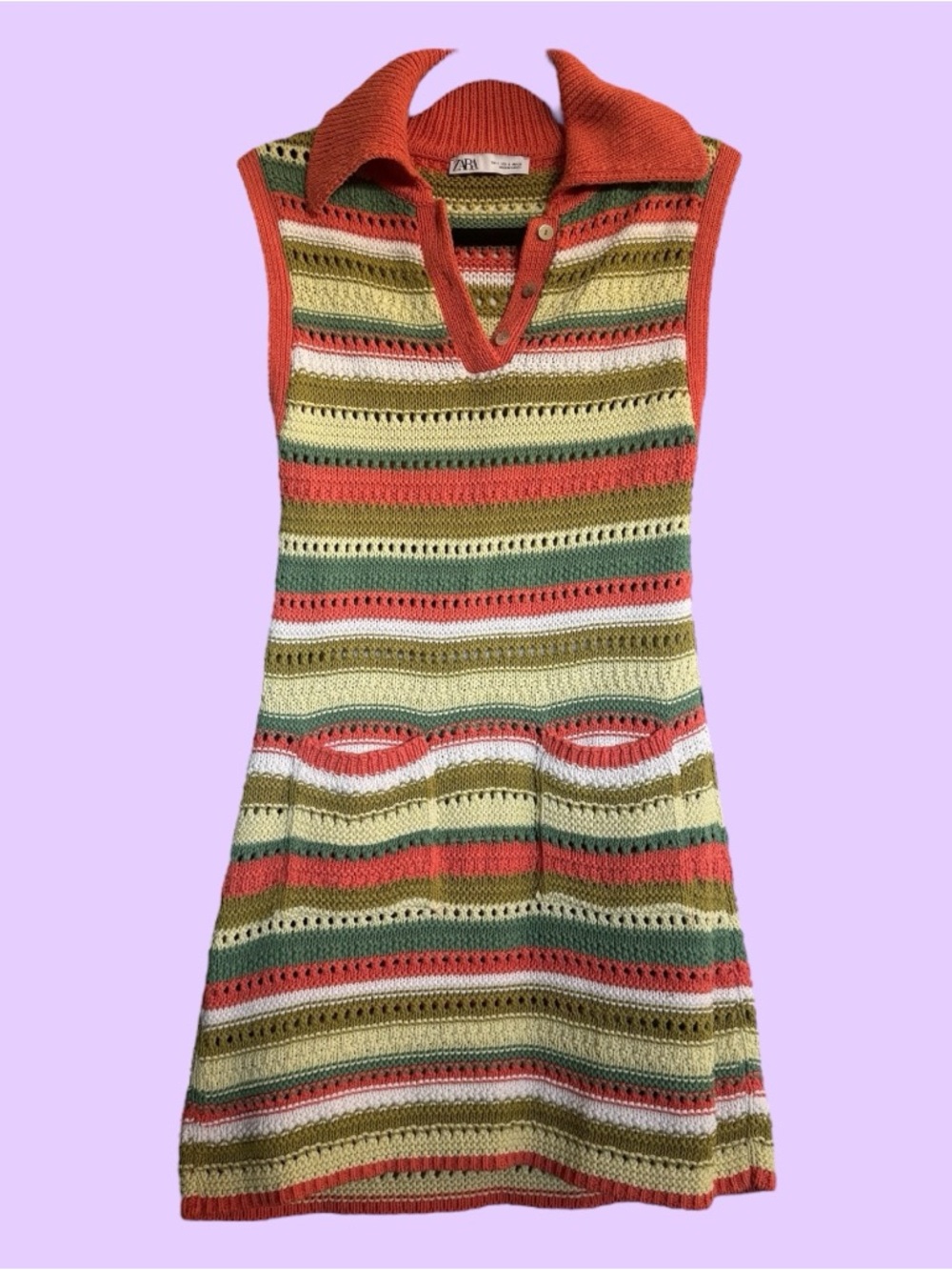 Zara Sleeveless Crochet Knit Polo Dress in Coral, Olive & Cream